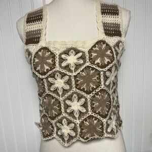Rebellion Boho Crocheted Brown & Cream Sleeveless Tank Top Women's Small
